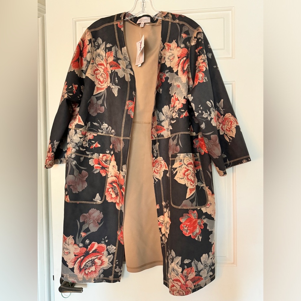Philosophy Black Floral Trench Coat with Red and Cream Blooms